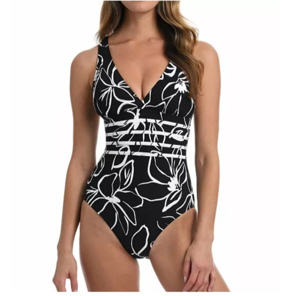 La Blanca Swim Womens 16 NEW Tummy Control Black & White Floral Vacay One Piece